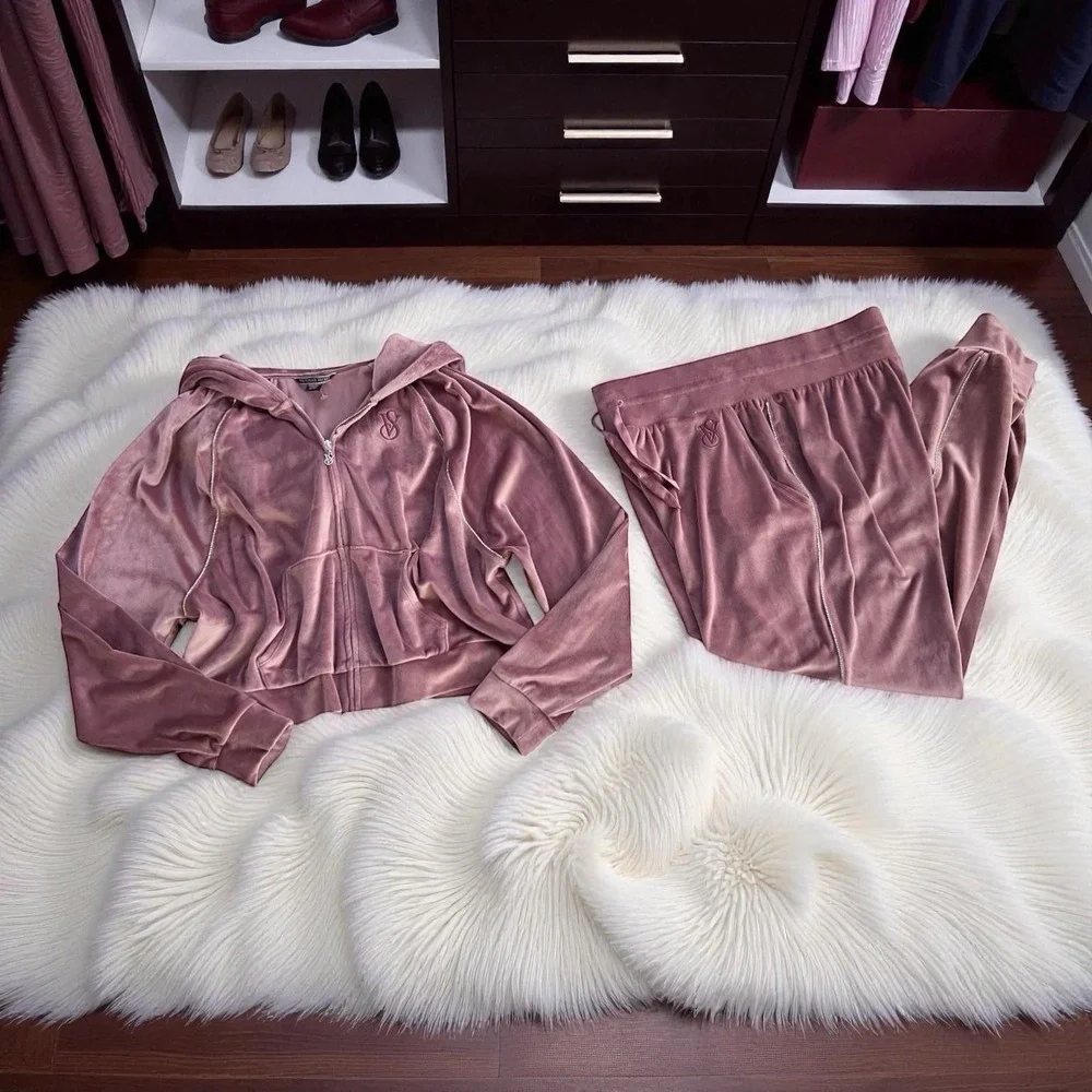 VICTORIA'S SECRET Track Suit Pink Velour Rhinestone Hoodie‎ Joggers Athleisure